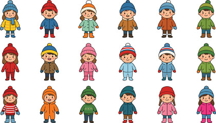Fototapeta premium Cute Cartoon Kids in Winter Clothes Vector Set Featuring Happy Children Wearing Warm Coats Hats and Scarves for Seasonal Holiday Graphic Designs