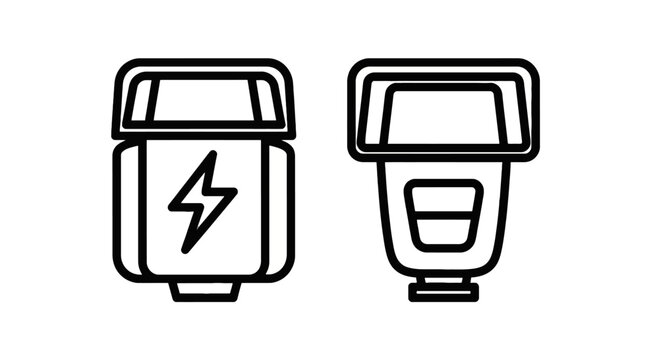 Camera flash icons one with lightning bolt symbol lighting electricity photography photographic equipment accessory illumination flashgun portable