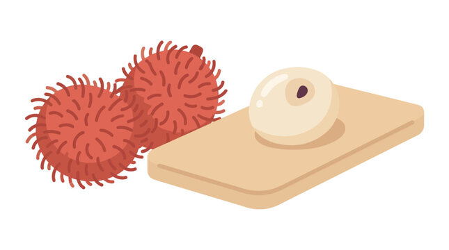 Vibrant tropical rambutan fruit illustration featuring two fuzzy red rambutans and a peeled fruit revealing its juicy white flesh on a cutting board, ready as a healthy snack