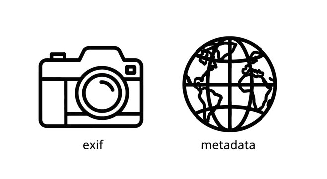 Camera exif data and global metadata icons with line art metadata information illustration photography technology attributes characteristics settings