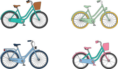 Naklejka premium Vintage City Bicycle Vector Set with Colorful Retro Cruiser Bikes and Front Baskets for Eco Friendly Urban Transportation Design Elements