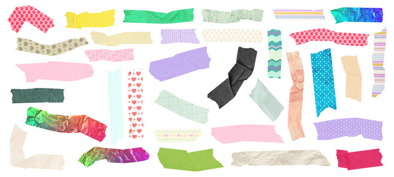 Decorative patterned washi tape strips with colorful ripped paper textures isolated on black background for transparent PNG overlays