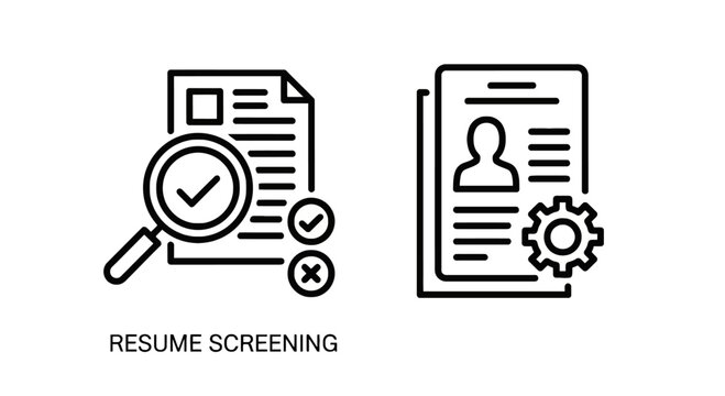 Human resources resume screening and recruitment process icons with magnifying glass document person profile gear symbols screening recruitment candidate