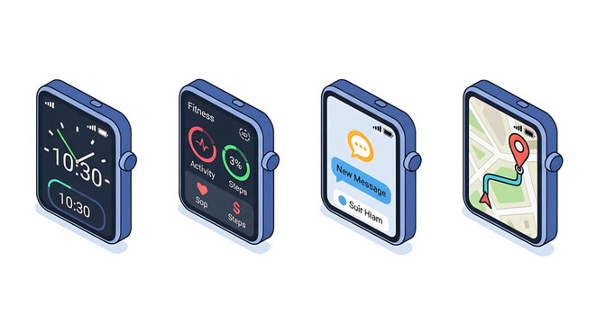 Set of isometric smart watches with different interface screens showing time, fitness data, messages, and navigation map