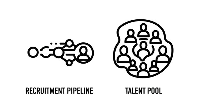 Human resources recruitment pipeline and talent pool management icons with connected person network and cloud of candidates recruitment pipeline candidate