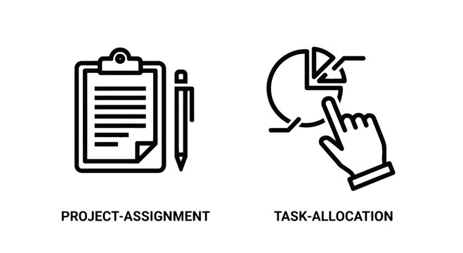Project assignment and task allocation icons for workflow management and resource distribution with clipboard icon pen icon pie chart hand pointing