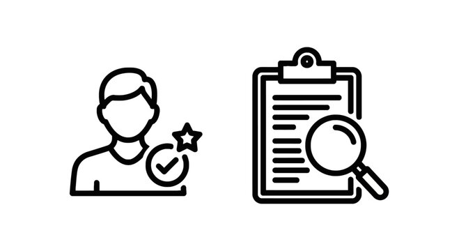 Preferred candidate user profile and document review outline icons with human resources magnifying glass line art candidate selection document analysis