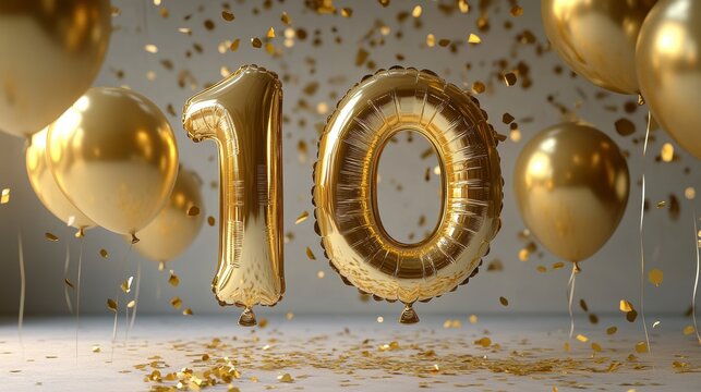 Gold balloons forming the number ten, surrounded by confetti.