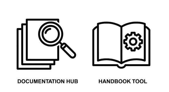 Documentation hub and handbook tool icons for technical guides and resource management with documentation handbook resource management technical