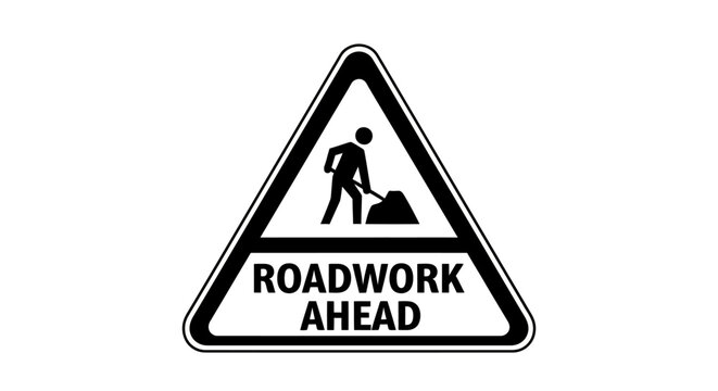Roadwork ahead warning sign with construction worker silhouette