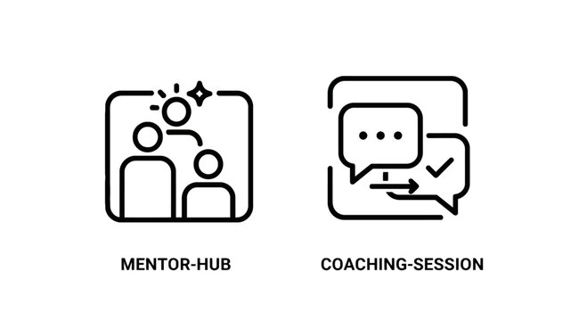 Mentor hub and coaching session outline icons for business and learning with speech bubble coaching communication learning guidance education training