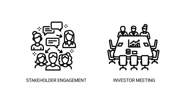 Stakeholder engagement and investor meeting icons showcasing communication network with people and a professional boardroom discussion at a conference table