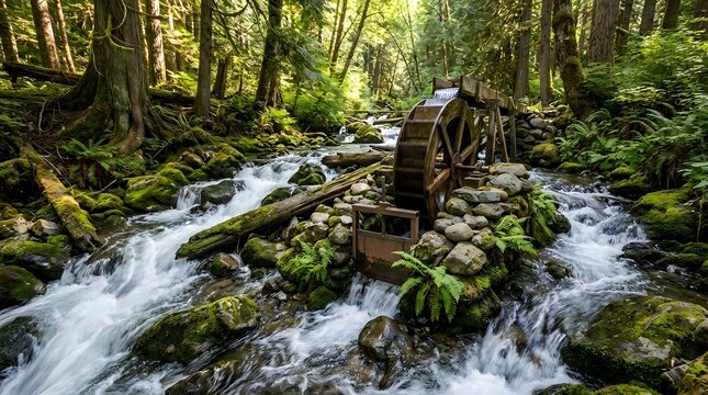 A serene water mill surrounded by lush greenery and a babbling brook in a dense forest