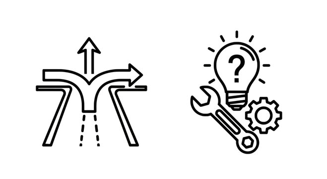 Problem solving and technical solution icons featuring diverging arrows and a lightbulb combined with a wrench and gear symbols solution innovation