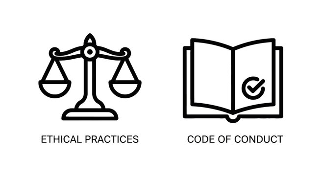 Black and white linear icons representing ethical practices with justice scales and corporate code of conduct guidelines with a book and checkmark, business
