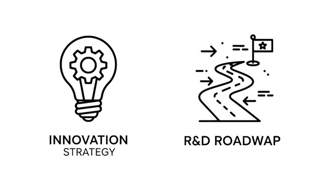 Business innovation strategy concept icons featuring a light bulb with gear and research and development roadmap with winding path to success, innovation