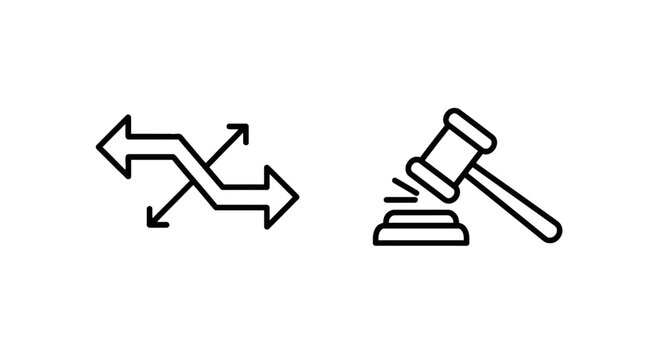 Conceptual line icons representing decision making and legal authority featuring shuffling direction arrows and a judge gavel hitting a sound block, decision