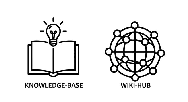Knowledge base and wiki hub icons for information sharing and digital learning featuring an open book with light bulb and global data network node symbols