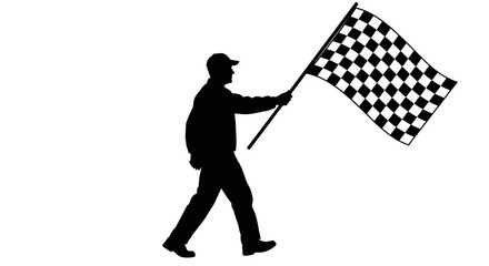 Fototapeta premium Man in silhouette walking and waving a checkered flag symbolizing victory and success in a racing or competitive event