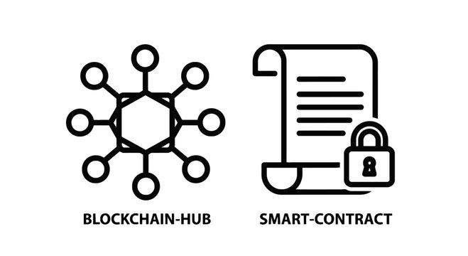 Blockchain hub and smart contract security line icons representing decentralized network technology and encrypted digital agreements with padlock and nodes