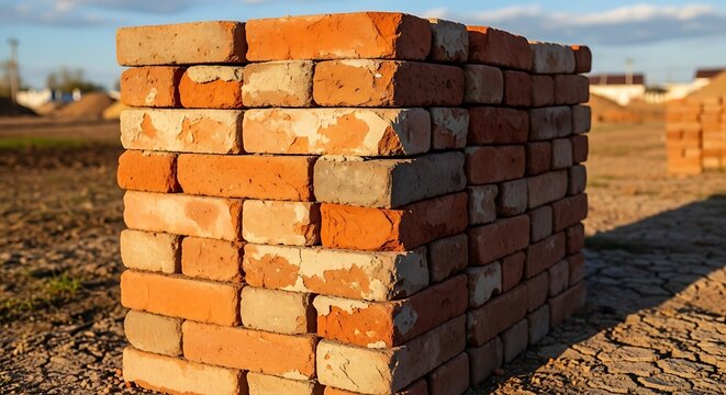 Stack of red bricks on ground.
