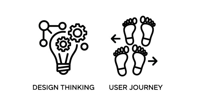 Design thinking and user journey map icons illustrating UX research and creative problem solving methodology with thinking research experience lightbulb