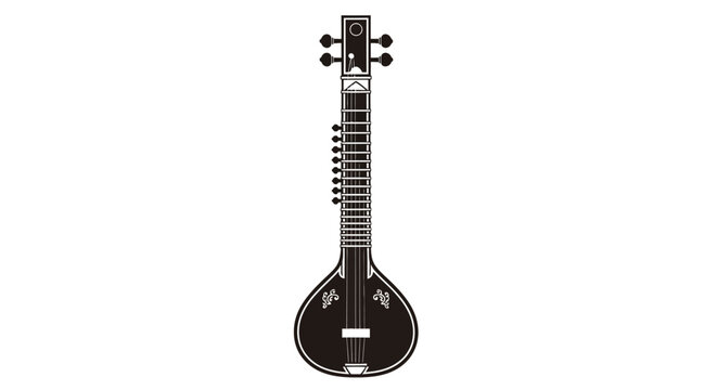 Traditional indian sitar instrument in black and white with intricate design elements