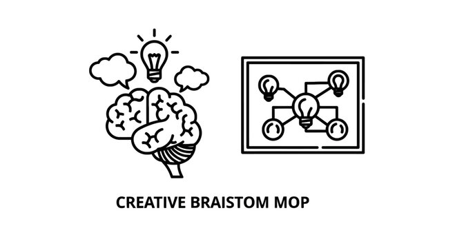 Creative brainstorm map and ideation icons for team collaboration and innovative thinking sessions with creative brainstorm ideation lightbulb innovation