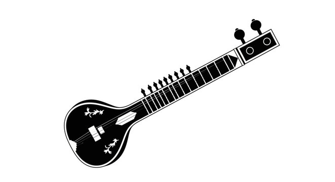 Traditional indian sitar guitar instrument vector illustration in black and white