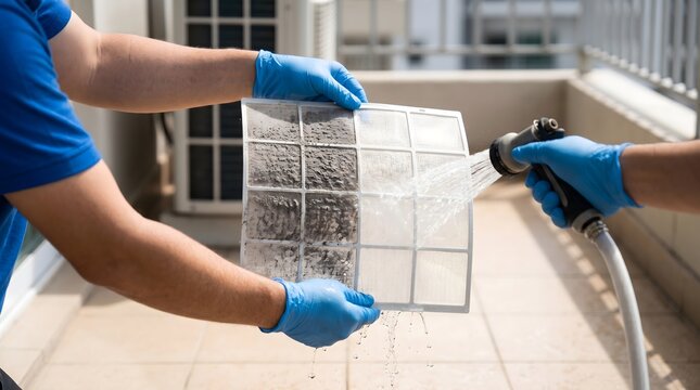 Person in blue gloves diligently cleaning a heavily soiled air conditioner filter with a powerful water spray outdoors, emphasizing essential HVAC maintenance and improved home air quality