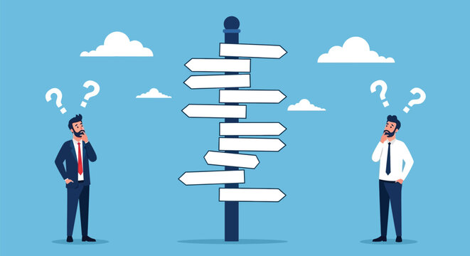 Confused business people standing before multi directional road sign pole choosing path making decisions and finding way in complex career environment path.