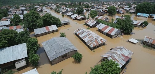 Fototapeta premium Aerial photograph showing a residential neighborhood submerged in deep muddy flood water after heavy rainfall caused a major natural disaster