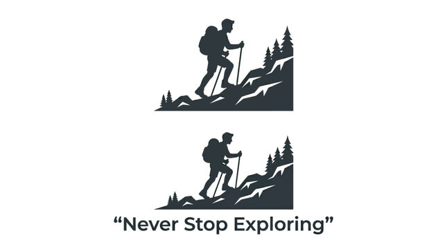 Silhouette of a hiker trekking up a mountain path with the inspirational quote Never Stop Exploring.