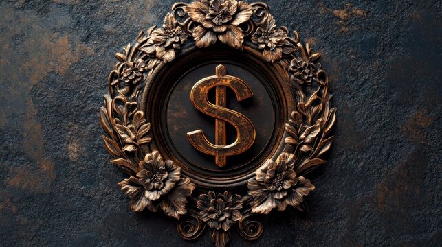 Ornate bronze frame with dollar sign, floral details, dark background.