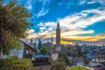 Fototapeta premium Morning cityscape, Yivli Minaret Mosque, historic Kaleiçi, old town center. Antalya, Turkey.