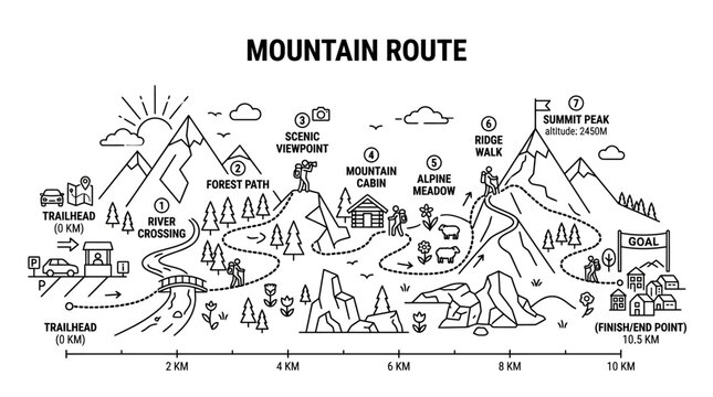 Hand drawn mountain route hiking trail map infographic.