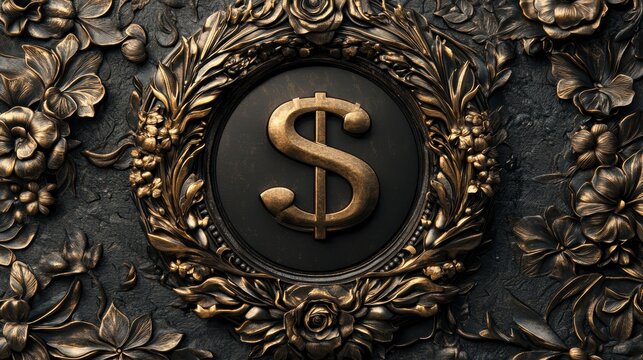 Ornate bronze frame with dollar sign, floral background.