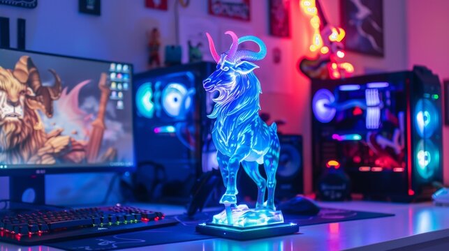 Glowing blue goat statue stands center of tech setup vibrant RGB lights reflect off glossy surfaces desktop monitors show fantasy action scenes gaming rig pulses with colorful internal lighting ambien