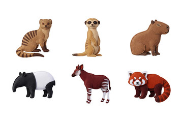 Set of trendy exotic animals in felt craft style with capybara, red panda, meerkat, okapi, tapir, and mongoose isolated on white. © 𝙈𝙧. 𝙈𝙀𝙎𝘼