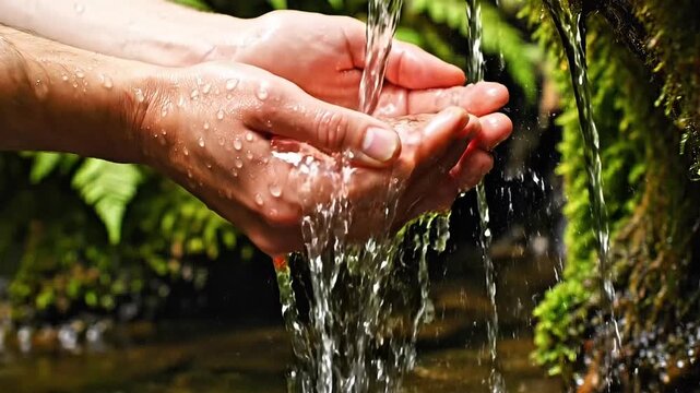 Hands catching fresh clean water flowing from a natural spring in a lush green forest environment.