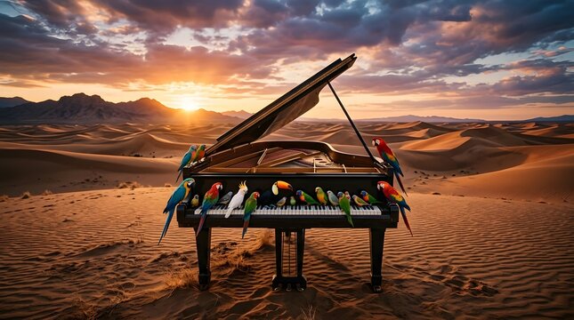 A grand piano sits alone in the desert with colorful parrots on it during a vibrant sunset
