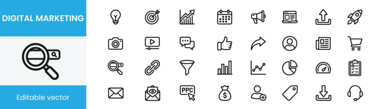 Digital Marketing Strategy and Growth Analytics Icons , Business SEO & Social Media Marketing Vector