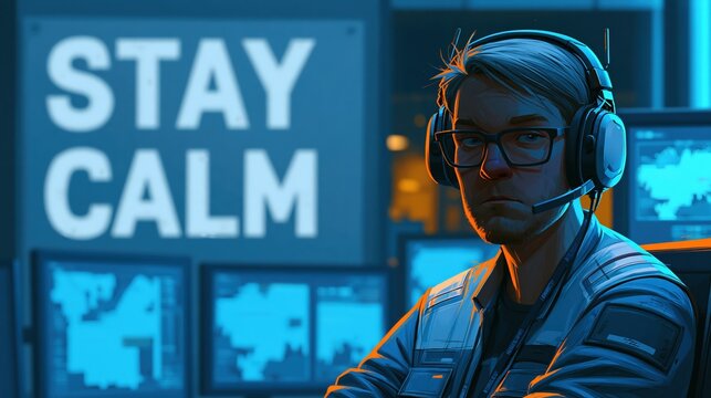 Male emergency dispatcher at workstation in modern operations room
