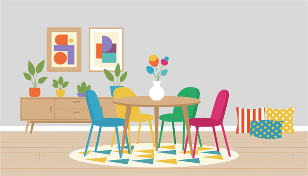 Colorful dining room set with chairs and table in a cheerful home setting