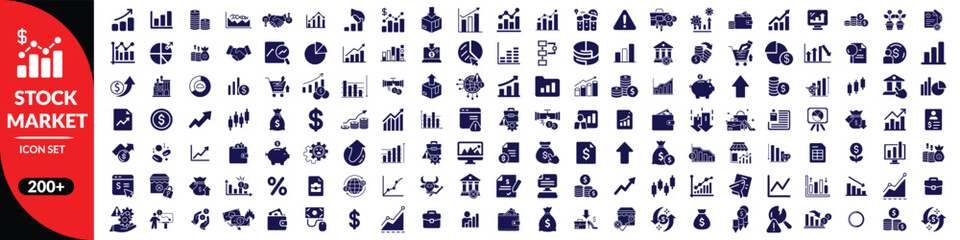 Fototapeta premium Stock market icon set. Containing stocks, stock exchange, financial goal, shares, investment, bull market, bear market and investment icons. Solid icon collection. Stock market big icon set design 