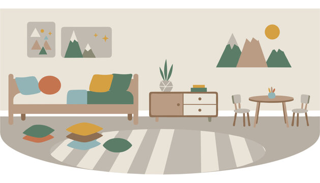 Cozy children's bedroom with bed, sofa, rug, and study area featuring mountain wall art
