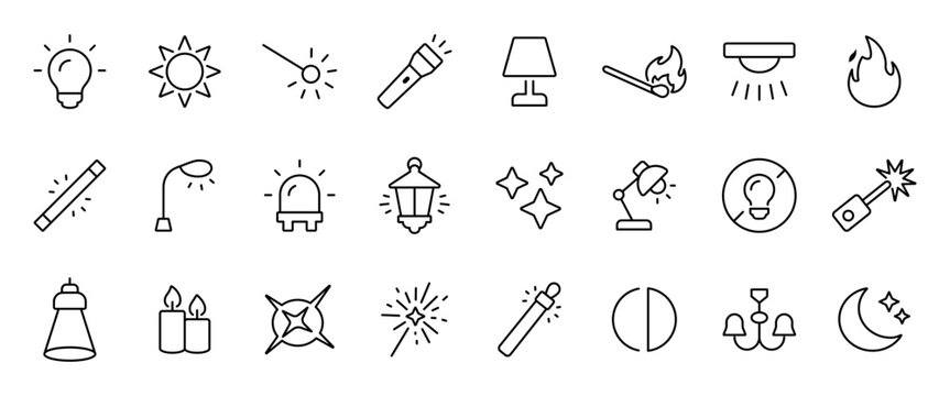Lighting icon set in outline style. Collection of light and illumination symbols. Editable pictograms for interface, electricity, interior lighting, brightness and night mode line design.