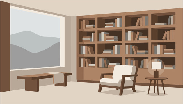 Modern study room with wooden bookshelf and desk setup near a projector screen