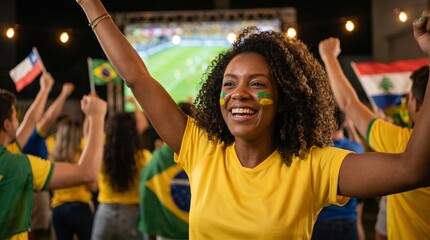 Fototapeta premium Happy Brazilian Fans Cheering and Celebrating During a Soccer Match