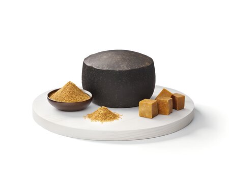 Brown sugar and jaggery cubes with powder on marble plate white background